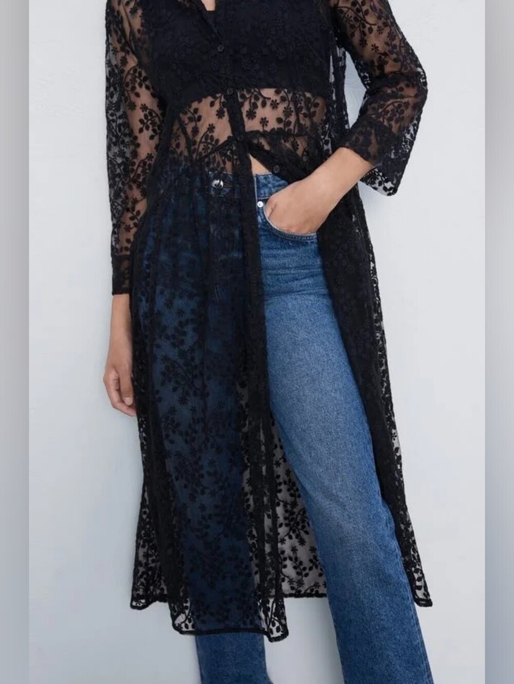 Zara Cut Work Embroidered Sheer Dress Shirt Size XXL NWT